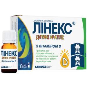 Linex drops for children with vitamin D to maintain the balance of intestinal microflora and normal functioning of the immune system, 8 ml bottle